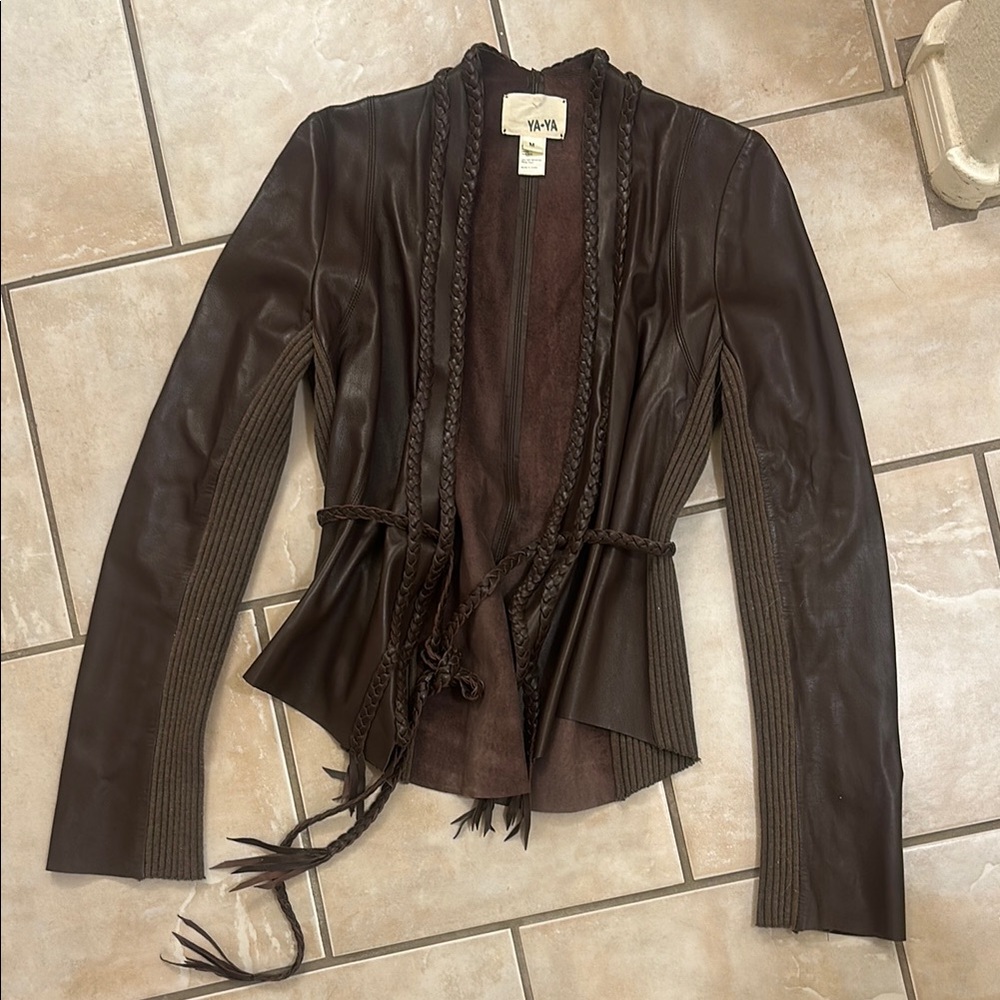 Brown Leather Wrap Jacket with Shawl Collar